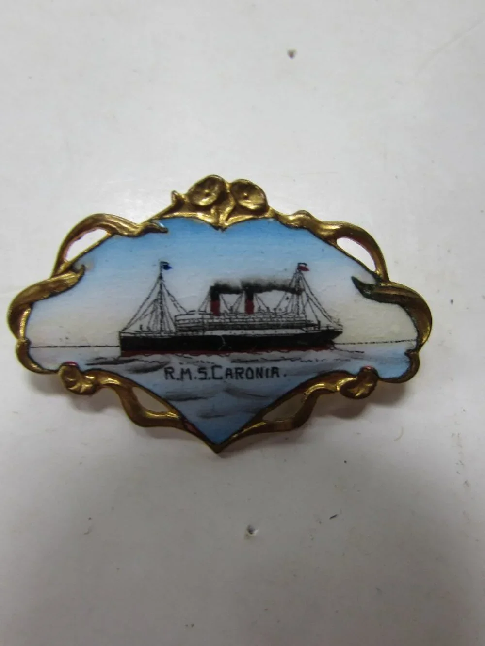 Antique Brooch Souvenir RMS Caronia Cunard Ocean Liner Blue Enamel